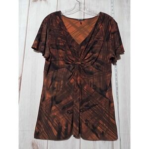 Y2K Whimsigoth Shirt Womens XL Brown Black Cayenne Combo Twist Front Top Stretch